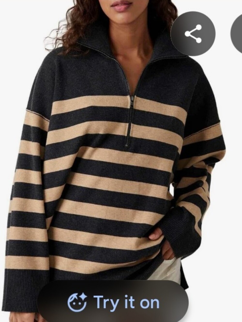Free People Half-Zip Striped Pullover Sweater in Black and Camel Xs. NWT